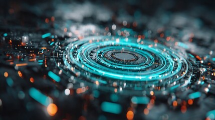 Futuristic Digital Interface with Glowing Circular Elements and Technology Theme