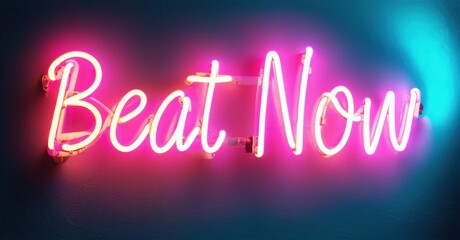 Fototapeta premium Bright pink neon sign displays words Beat Now against dark blue, purple wall. Modern aesthetic, vibrant illumination.