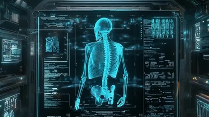 Futuristic medical scanner displaying human skeleton and data analysis - Powered by Adobe