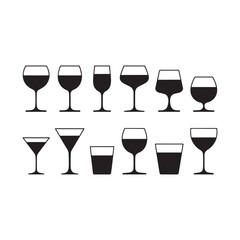 Collection of diverse drinkware silhouettes including wine glasses cocktail glasses and tumblers vector