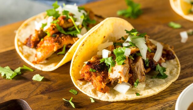 Two tacos with seasoned meat, onions, and cilantro