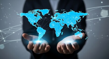 Dynamic global network glowing on hands, connecting world digitally for modern business growth