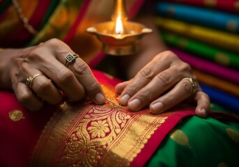 Obraz premium A close-up of hands holding a diya (oil lamp), symbolizing light, spirituality, and cultural festivals like Diwali.