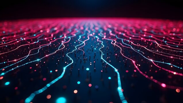 Abstract data stream visualization with glowing lines and dots for technology background use case