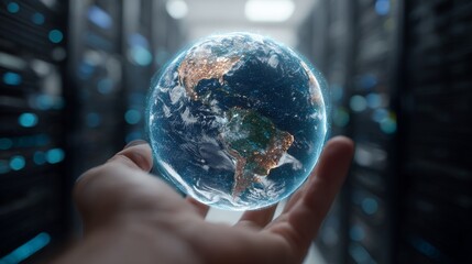Hand Holding Digital Earth Globe in Data Center with Server Racks