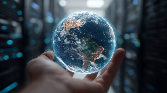 Hand Holding Digital Earth Globe in Data Center with Server Racks