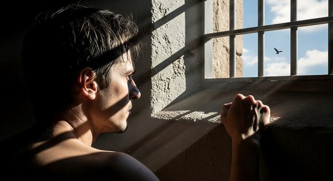 A contemplative young man in a shadowy cell, finding solace and hope while looking out a barred window at a bird, advertising, poster, brochures, church, jail background idea