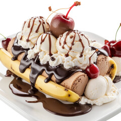 Banana Split Delight: An enticing shot of a classic banana split, featuring scoops of creamy ice cream, rich chocolate sauce, fresh banana, whipped cream, and vibrant cherries.