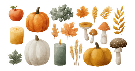 Autumn Elements Collection with Pumpkins, Leaves, Mushrooms, and Candles