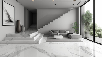 Minimalist living room with staircase and marble flooring.