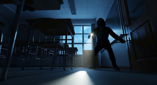 Suspenseful low angle view of a shadowy intruder with a flashlight breaking into an empty classroom at night