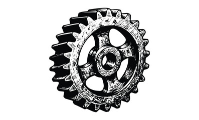 Detailed black and white illustration of a gear cog with intricate design. Vector retro hand drawn illustration