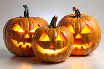 Fototapeta premium Three Carved Halloween Pumpkins with Glowing Faces on a Light Background