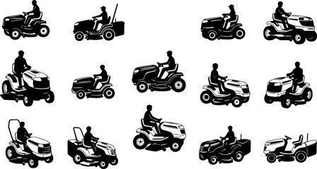 Fototapeta premium Riding mower silhouette, Riding mower svg, Lawn mower svg, Lawn mower silhouette, Riding mower bundle, Riding mower vector set.