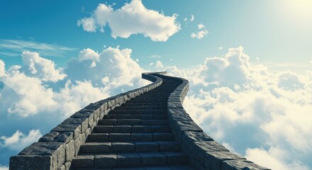 Stone stairway leading upwards into a bright, cloud-filled sky, suggesting a path to heaven or a higher state.