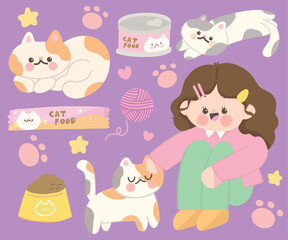 set of cute girl and cats cartoon illustration vector art