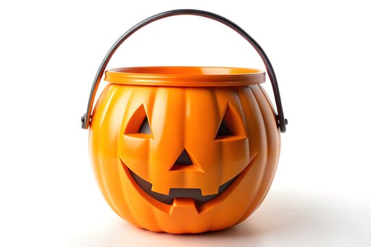 Orange Plastic Jack O Lantern Candy Bucket for Halloween on White Background