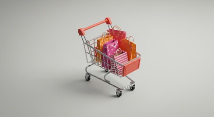 Small shopping cart filled with colorful shopping bags, isolated on a plain background.