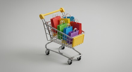 A shopping cart filled with colorful shopping bags, isolated on a plain background.