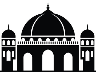 Mosque silhouette icon, Islamic architecture vector, black religious landmark design, domes and minarets illustration, cultural heritage symbol, worship place graphic, faith structure