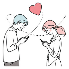 Print Couple communicating love through mobile phones with heart symbol
