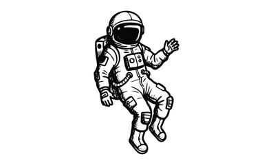 Black and white illustration of astronaut floating in space. Vector retro hand drawn illustration