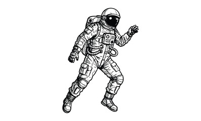 Fototapeta premium Detailed black and white line drawing of an astronaut in space suit. Vector retro hand drawn illustration