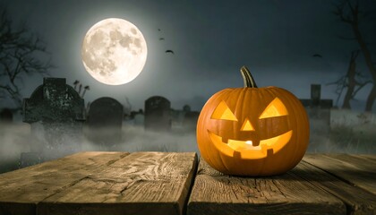 Halloween Jack-o'-lantern on a wooden table in a foggy graveyard under a full moon