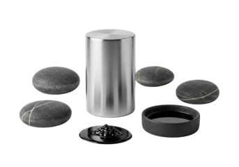 Eight-inch brushed steel flask, fine horizontal lines, matte sheen, with dark industrial solvent in a black stoneware dish and grey river stones on a transparent background, studio lit, powerful