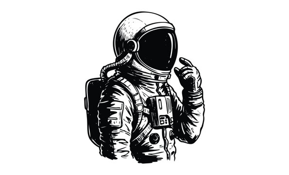 Black and white illustration of an astronaut in space suit. Vector retro hand drawn illustration