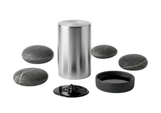 Eight-inch brushed steel flask, fine horizontal lines, matte sheen, with dark industrial solvent in a black stoneware dish and grey river stones on a transparent background, studio lit, powerful