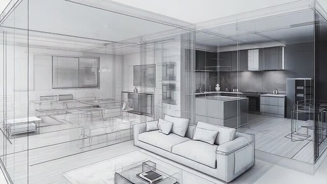 Modern open space apartment under construction showing kitchen and living room