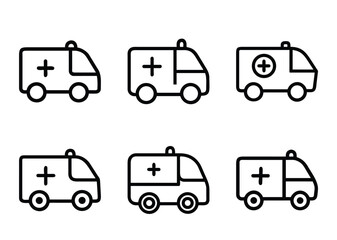 Six minimalist ambulance icons in black outline on a white background