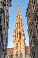 Fototapeta premium Spire of Town Hall Between Two Buildings in City Center on Sunny Morning. Brussels, Belgium