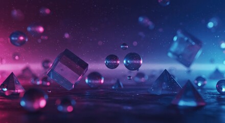 Floating geometric shapes in vibrant neon light, creating an abstract, futuristic scene.
