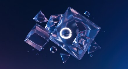 Abstract arrangement of transparent geometric shapes with a glowing sphere at the center, set against a gradient blue background.