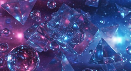 Abstract geometric shapes, translucent and glowing, in a vibrant purple and blue space-like background.