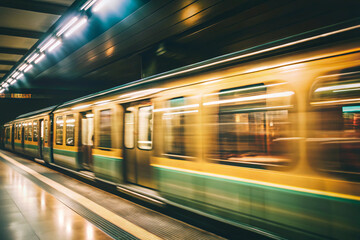 Obraz premium Subway platform. Trains speeding by. Sense of speed. Dynamic energy. Local train. Express train. Crowded train. Mach speed. Swift-footed. Urban.