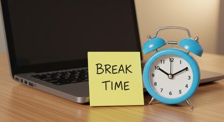 A light-gray laptop, a blue alarm clock, and a yellow sticky note with the words "Break Time" displayed on a wooden surface.