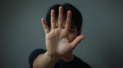 Person Showing Hand in Stop Gesture with Dark Hair and Eye