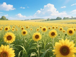 Obraz premium Vibrant Sunflower Field Under a Bright Blue Sky