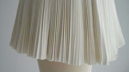 Close-up of pleated off-white skirt on a mannequin, soft light, minimal background