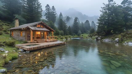 Naklejka premium Cozy cabin by a serene lake surrounded by misty mountains and lush forest