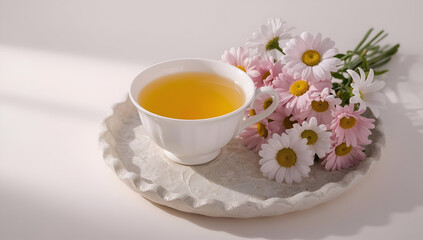 Cup of Tea with Flowers on Decorative Plate in Soft Light