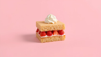Strawberry Shortcake Sandwich with Whipped Cream Dessert on Pink Background