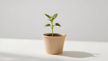 Small Plant Growing in Pot on White Background Simple Studio Shot