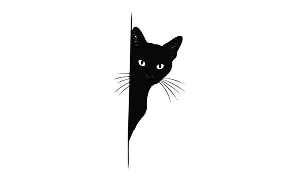 Curious black cat peeking behind a corner silhouette illustration. Vector retro hand drawn illustration