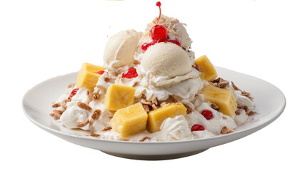 Delectable Sundae: A tantalizing sundae, artfully crafted on a pristine white plate, boasts an enticing medley of creamy ice cream, fresh mango cubes, luscious whipped cream, and a single.