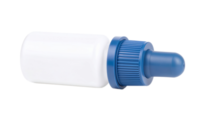 Blank mockup of a white eye drop bottle with a ribbed blue dropper cap, isolated on a white background. Suitable for medical, pharmaceutical, or product branding use.