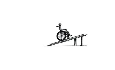 Wheelchair accessibility concept: minimalist sketch of wheelchair on inclined ramp. Vector retro hand drawn illustration
